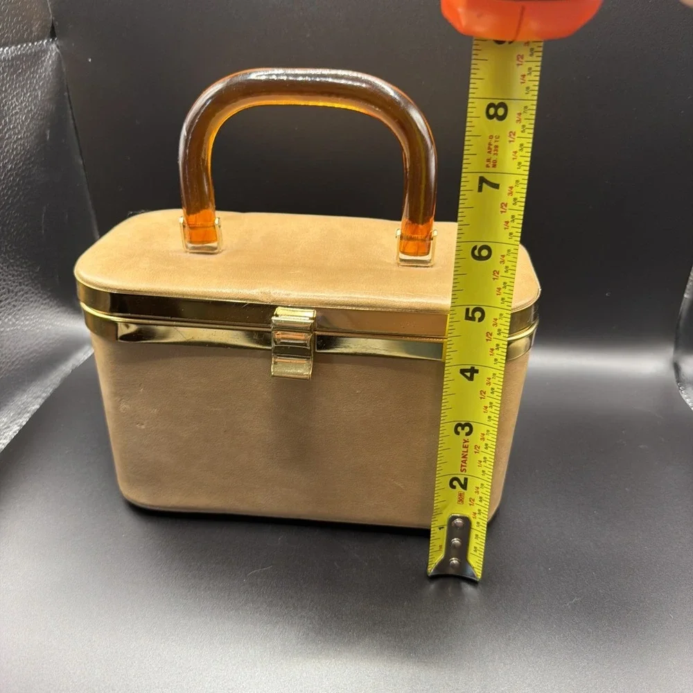 Vintage 1950's Camel Colored Florida Box Purse w/ Amber Lucite Handle MCM
